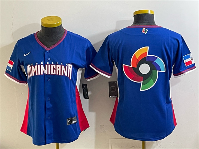 Women's Dominican Republic Baseball Royal 2026 World Baseball Classic Big Logo Road Stadium Stitched Baseball Jersey(Run Small)